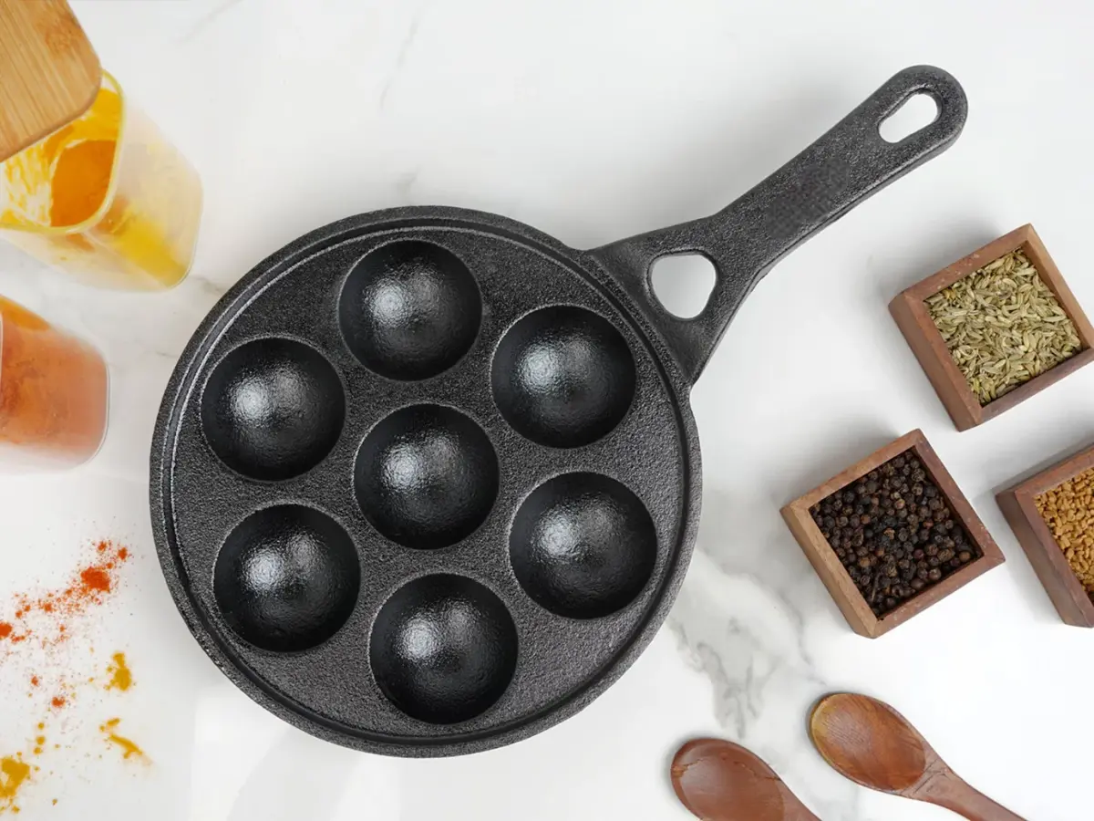 Paniyaram Pan Cast Iron - Jumbo 7 Pit Round Induction Base Long Handle .